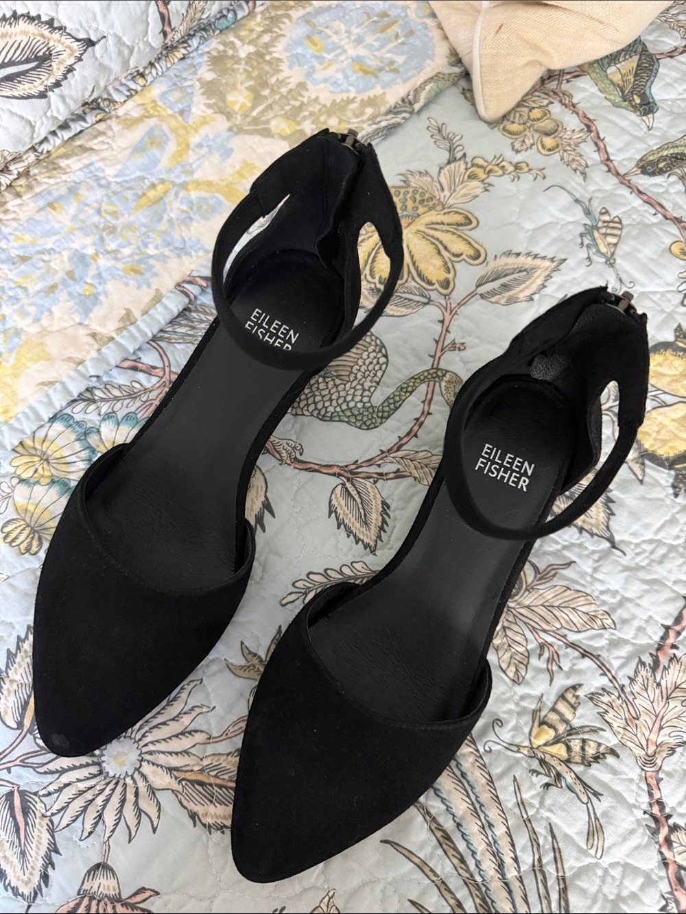 Eileen Fisher Just Suede Black Ankle-Strap Block Heel Pump